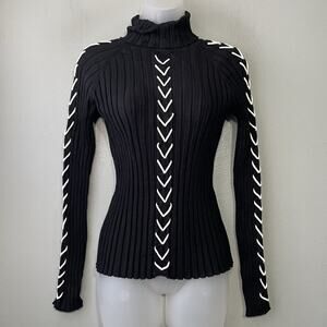 Y2K Turtleneck Sweater Size Medium Black Ribbed Knit White Stitching Avant Garde
